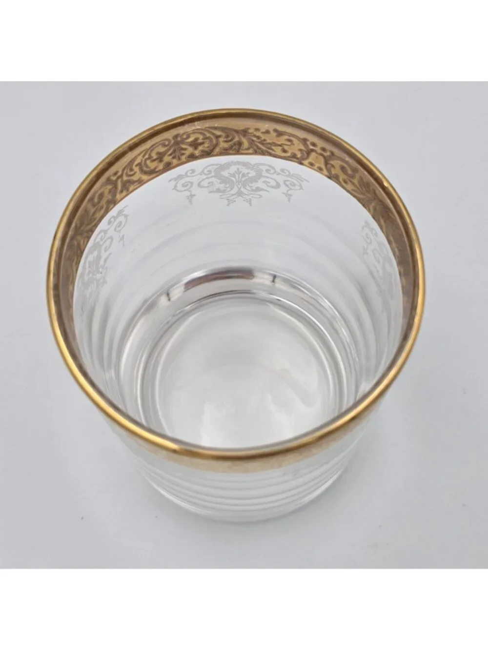 Old Fashioned by Cellini Gold Rim Etched Glass Tumbler With Floral Scroll Design